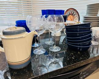Vintage Fiesta blue bowls set of six / Price: $68--, Arabia of Finland Uhtua coffee pot / Price: $42, etched wine goblets