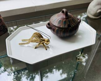 Vintage brass grasshopper, studio pottery piece, Rosenthal gold rimmed tray