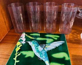Large hummingbird art tile / Price $42 --- 1950s/60s Libby Etched glass tumblers set of 4 / Price: $16