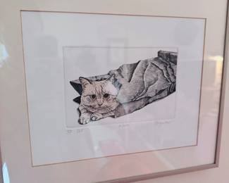 Art print, cat in blanket titled "To Go", signed and numbered by Bigelow / Price: $46
