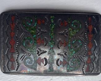 Vintage Native American made Sterling, Turquoise, Coral etched  belt buckle.