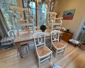 Pine Dining Room Table with Weaved Chairs
