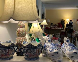 Asian lamp, bowls, cats