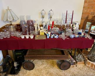 Assorted vases, candle holders, antique Singer sewing machines