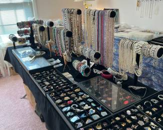 Hundreds of necklaces, pearls, bracelets, ear rings and rings
Beads, tools and findings for jewelry making also available.