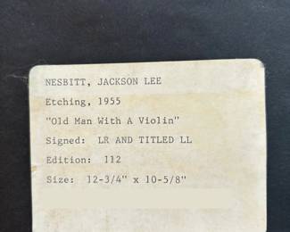 Jackson Lee Nesbitt, etching 1955 Old Man with a Violin Signed and Titled