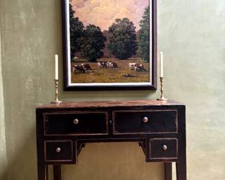 Michael Heberlein has been a resident of Lancaster County for most of his life. He has pursued a multi- faceted career in art: studio painter, art appraiser, gallery founder, art restorer, lecturer and writer.In 1985, Heberlein was part of a group exhibit entitled "Five in Focus" at the Reading Museum in Berks County, PA. A review of the exhibit by art critic Tulio DeSantis stated that "Heberlein's radiant acrylic-on-canvas paintings, such as the magnificent pointillist picture called "Mont de Joie" or the haunting rural landscape entitled "Big Barn Fire" are alluring and entrancing enough in themselves to garner the lion's share of attention. His elegantly obsessive facture embodies the chiaroscuro draftsmanship, smooth surface, and high finish of old-master paintings. His imagery is surrealist; his perspective is modern; his vision is contemporary."
