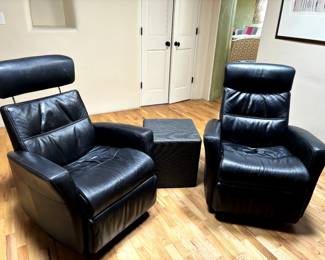 (2) Black plush leather swivel and reclining lounge chairs