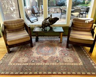 2 side Chairs and custom metal table. Sculpture not included in sale.