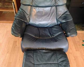 Ekornes Stressless Blue Leather Lounge Chair & Ottoman
