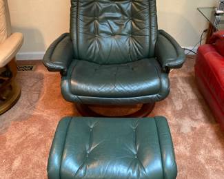 Ekornes Stressless Green Leather Lounge Chair & Ottoman