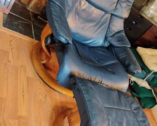 Ekornes Stressless Blue Leather Lounge Chair & Ottoman
