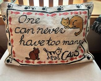 Needlepoint Throw Pillow "One can never have too many cats" 