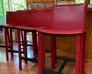 Set of 4 Antonio Sibau Italian Red Leather Bar Stools
