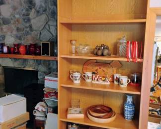 6 Tier Bookcase, Circle of Cats Votive Candle Holder, Crystal Swirl Pattern Cookie Jar, Set of 4 Lenox Winter Greetings Mugs, Folk Art Cat Collapsable Basket, Glass Sleeping Kitten on Nest Candy Dish, Pair of Turned Wood Bowls