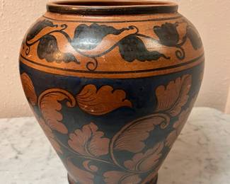 Terracotta Vase Painted Matte Black Leaf Pattern