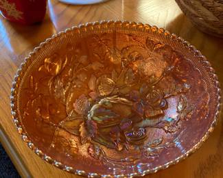 Marigold Carnival Glass Centerpiece Bowl with Rose Design