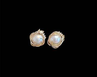 14K Gold Pearl & Diamond Post Earrings