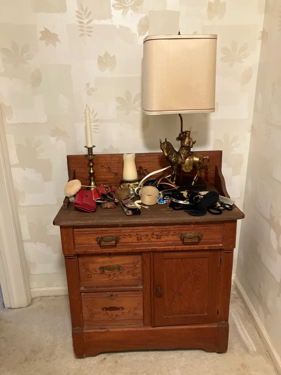 Antique wash stand, lamp with horse base