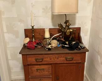 Antique wash stand, lamp with horse base
