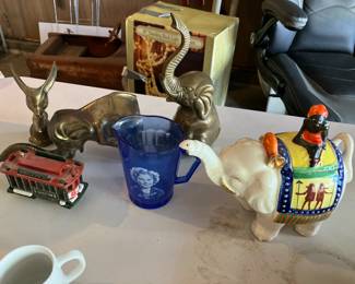 Brass elephants, Shirley Temple pitcher, Elephant teapot