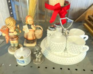 Hummel figures, milk glass condiment set