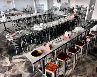 Barstools, Restaurant Tables and Chairs, Dishes, Bar Items, and Serving Trays