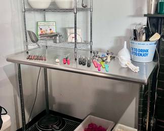 Stainless Steel Prep Table, Kitchen Utensils, Bowls, Chrome Shelf and Sugar Packets 