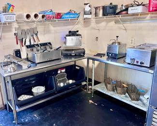 Stainless Steel Prep Tables, Kitchen Utensils, Fryers, Cheese Dispenser and Kitchen Items