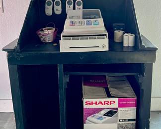 Rolling Wooden Hostess Stand, Cash Register