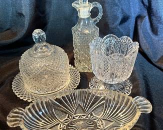 Anchor Hocking Wexford Cruet, Fostoria Covered Butter/Cheese, Hazel Atlas Glass Olive Bowl, Avon Footed Candle Holder