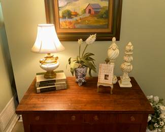 Antique Lowboy Chest and Vintage Barn Painting