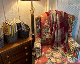 Upholstered Wingback Chairs. We have a pair. Chairs available for presale, $75 each.