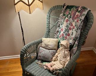 Vintage Whicker Rocking Chair and Brass Floor Lamp