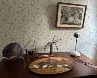 Pottery Vase, Vintage Lamp, Kinetic Horse Rider, Wood Elephant Plaque