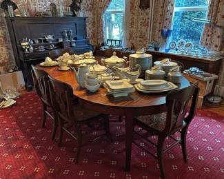 Antique Dining Table w/ 6 Leaves & 7 Caned Seat Chairs