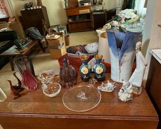 Lladro, Pair of Cloisonne Vases, Amethyst Cordial Set, Steuben Glass, Cranberry Art Glass Vase, Wooden Birds, Purple Moser Glass Vase