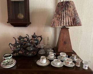 Lamp, Silver Plate Tea Set, Demitasse Cups & Saucers