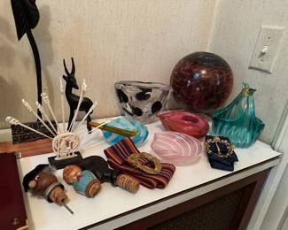 Art Glass, Vintage Figural Bottle Stoppers, Carved Cocktail Sticks