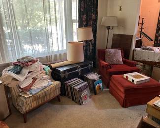 Mid Century Chair, Velvet Chair & Ottoman, Steamer Trunk, Records