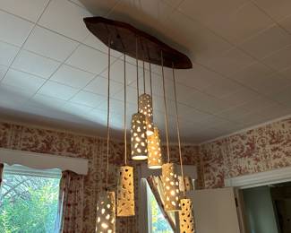 Mid Century Multi Cylinder Pottery & Wood Light Fixture