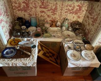 Pottery Pitchers & Vases, Assorted Plates, Wood Serving Tray, Silver Plate,
