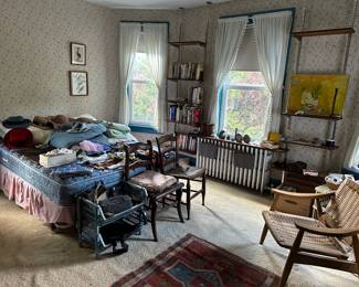 Bed, Linens, Scarves, Hats, Chairs, Shelving