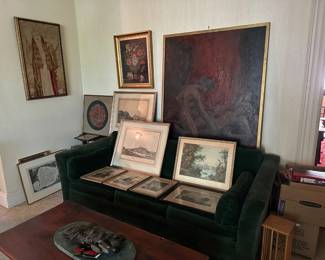 Green Velvet Sofa, Large Painting, Framed Needlepoints, Lithographs, Prints
