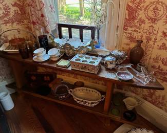Porcelains, Art Glass, Pottery, Rustic Wood Table
