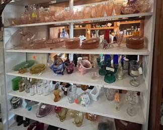 Collection of Pink Floral (Poinsettia) Depression Glass - 1930's , Royal Ruby Red Anchor Glass 1930's , Vintage Green depression glass 1930's