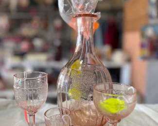 Pink Floral (Poinsettia) Depression Glass - 1930's Wine decanter wine glass , shot glass