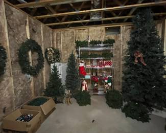 Christmas decor & decorations, to include small to very large trees, wreathes, etc. 