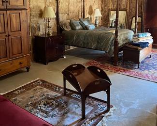 Queen rice bed, butlers coffee table, hope chest, night/end stands, armoires, rugs….