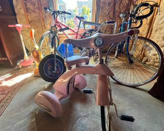 Bikes, all sizes.  Pink vintage’esk tricycle 